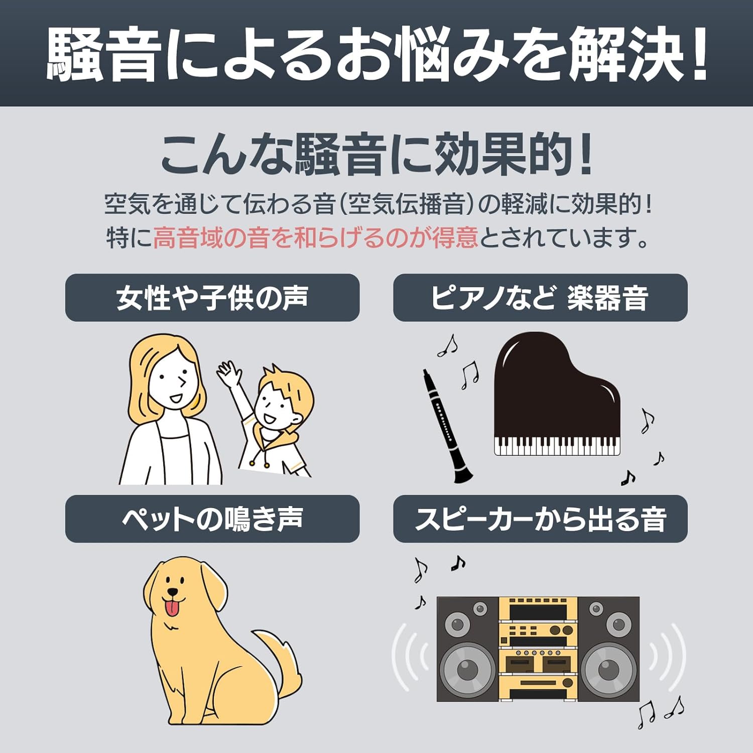 遮音シート 防音対策 騒音の悩みを解決するイメージ 女性や子供の声、楽器音、ペットの鳴き声、スピーカー音